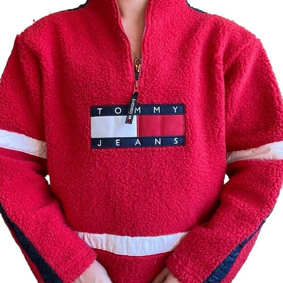 Vintage 90s Womens Tommy Hilfiger Red Retro Fleece Cropped Sweatshirt Sz L - Picture 9 of 10
